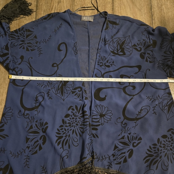 ASTR Sheer Blue Kimono with Black Velvet Pattern and Fringe Size M to L - Picture 8 of 9